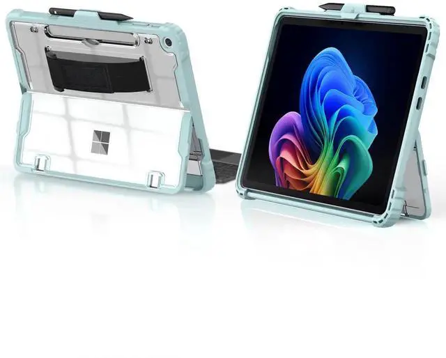 Main image of TiMOVO Case for Microsoft Surface Pro 12 Inch 2025 with Pen Holder, Rugged Clear Back Protective Cover with Removable Hand Strap, Compatible with Type Cover Keyboard, Soft Cyan