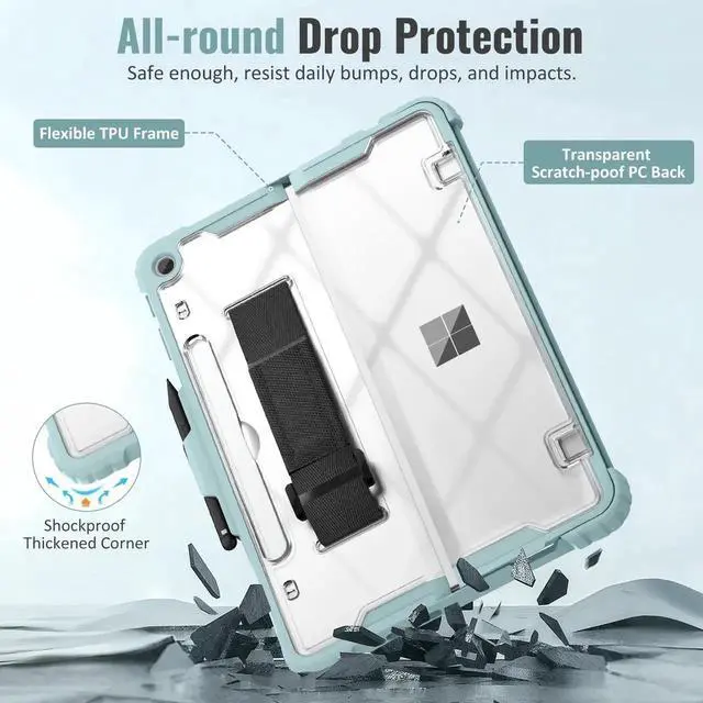 Alt view image 3 of 5 - TiMOVO Case for Microsoft Surface Pro 12 Inch 2025 with Pen Holder, Rugged Clear Back Protective Cover with Removable Hand Strap, Compatible with Type Cover Keyboard, Soft Cyan