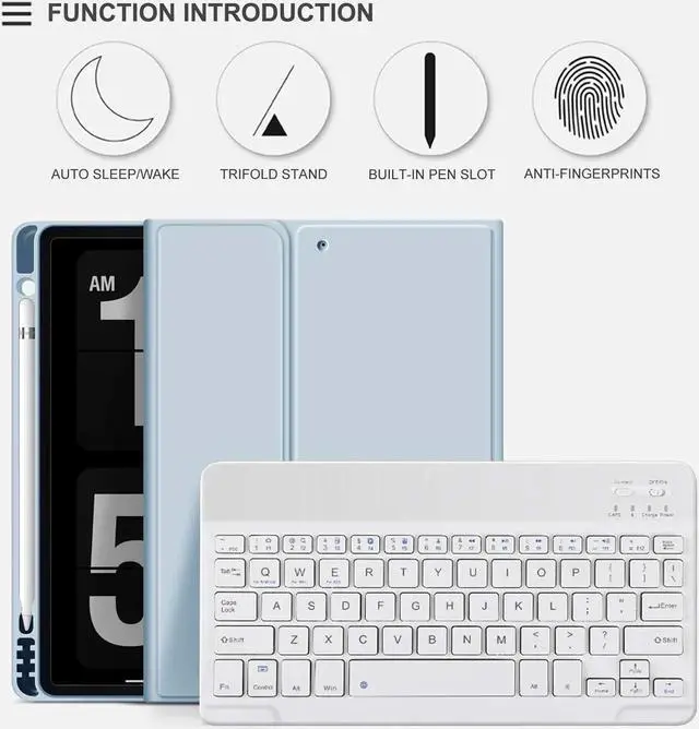 Alt view image 4 of 5 - aoub Case for iPad 6th/5th Generation 9.7 inch, iPad Air 2, iPad Air, Stand Folio Detachable Wireless Bluetooth Keyboard Cover Soft TPU Back Case with Pencil Holder for iPad 9.7, Sky Blue