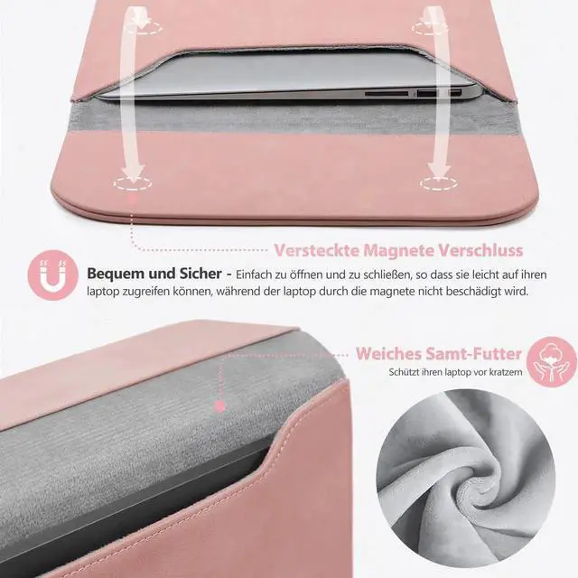 Alt view image 3 of 5 - HYZUO 13.3-14 Inch Laptop Sleeve for MacBook Pro 14 M5/M4/M3/M2/M1 Pro/Max 2026-2021, 13.3" MacBook Air/Pro, 13-13.8 Surface Laptop, HP Envy 13, Faux Suede Leather Case with Pouch, Pink