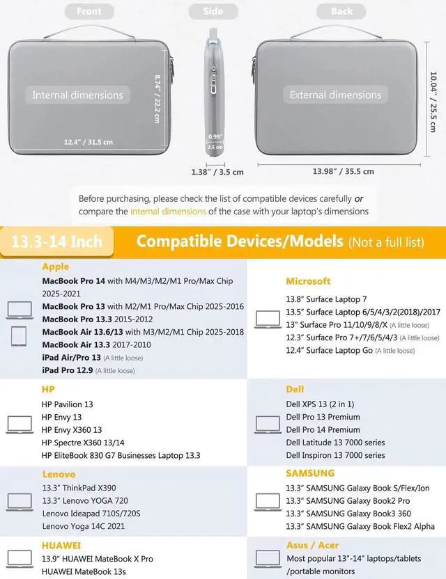 Alt view image 2 of 5 - HYZUO 13.3-14 Inch Hard Shell Laptop Sleeve Case for MacBook Pro 14 M5/M4/M3/M2/M1, MacBook Pro/Air 13, Dell Pro 13/14 Premium, XPS 13, 13.8"-13" Surface Laptop, HP Spectre X360 13/14, Rock Gray