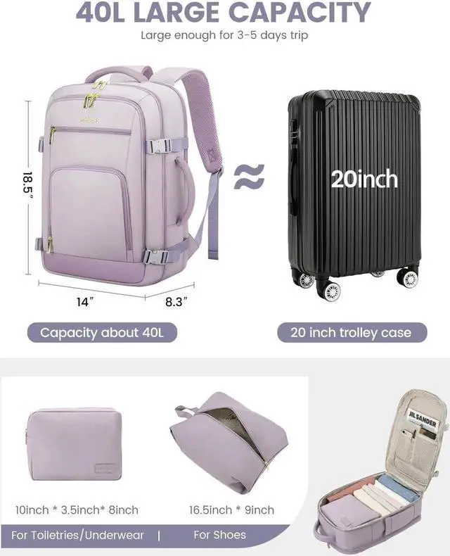 Alt view image 2 of 5 - LOVEVOOK Travel Backpack For Women, 40L Carry On Backpack Flight Approved, TSA Personal Item Travel Bag Fits 17 Inch Laptop, Business Weekender Overnight Waterproof Daypack With 2 Cubes, Light Purple