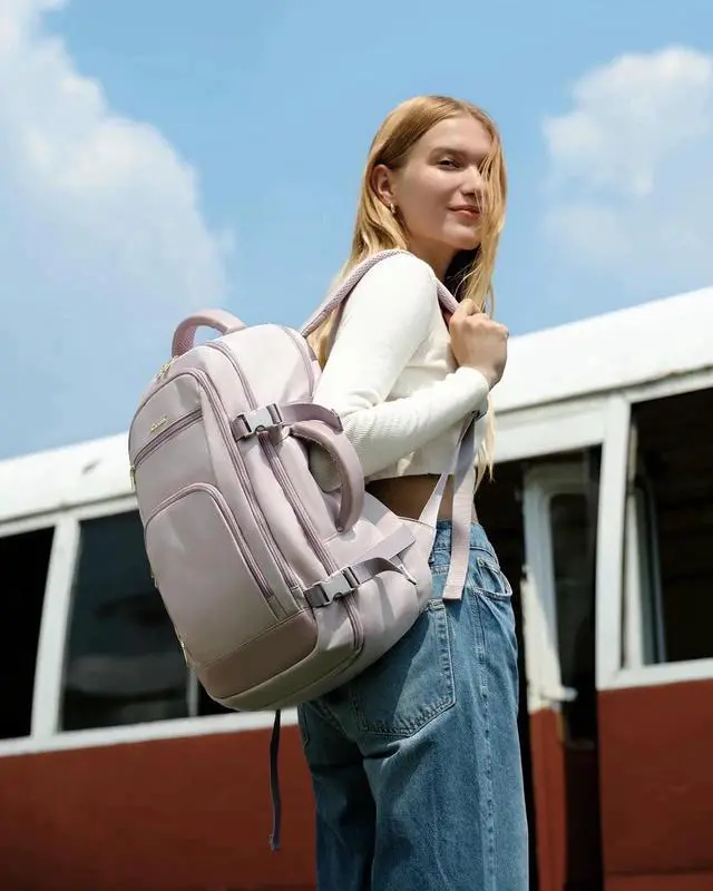 Alt view image 4 of 5 - LOVEVOOK Travel Backpack For Women, 40L Carry On Backpack Flight Approved, TSA Personal Item Travel Bag Fits 17 Inch Laptop, Business Weekender Overnight Waterproof Daypack With 2 Cubes, Light Purple