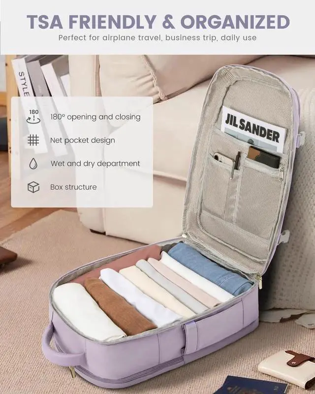 Alt view image 3 of 5 - LOVEVOOK Travel Backpack For Women, 40L Carry On Backpack Flight Approved, TSA Personal Item Travel Bag Fits 17 Inch Laptop, Business Weekender Overnight Waterproof Daypack With 2 Cubes, Light Purple