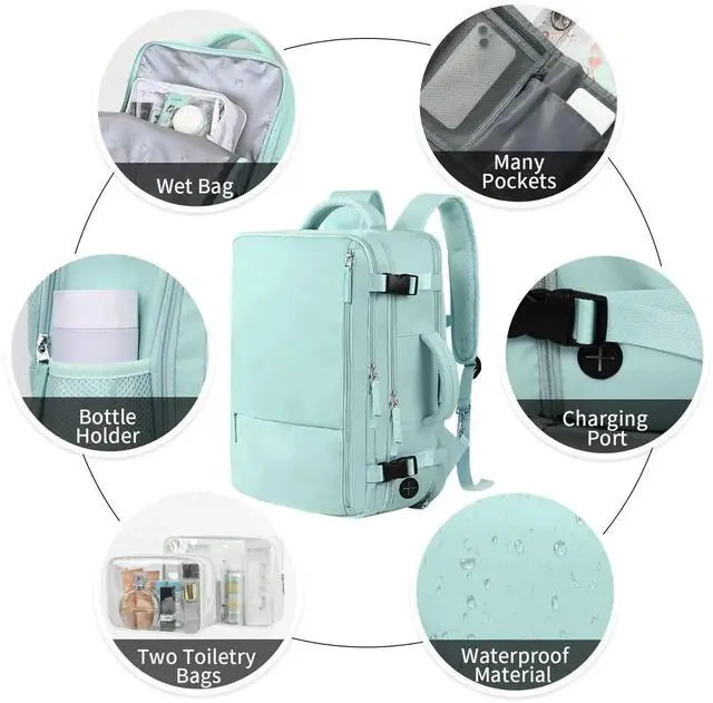 Alt view image 3 of 5 - Extra Large Travel Backpack (2 Pieces Pink & Mint Green) as Person Item Flight Approved, 40L Carry On Backpack, 17 Inch Laptop Backpack, Waterproof Backpack, Durable College Bookbag, Hiking Backpack