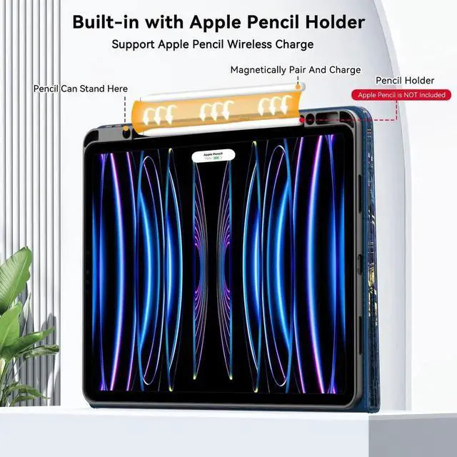 Alt view image 3 of 5 - Zonefoker Case for New iPad Pro 12.9 inch 6th/5th/4th/3rd Generation 2022/2021/2020/2018, 12.9'' ipad Pro Leather Protective Cover 6/5/4/3 Gen with Pencil Holder, Auto Wake/Sleep, Marble Ocean Blue