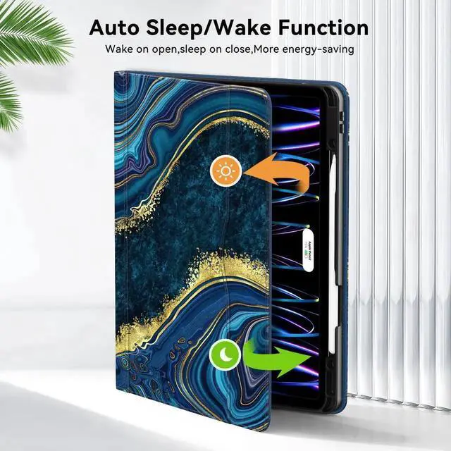 Alt view image 4 of 5 - Zonefoker Case for New iPad Pro 12.9 inch 6th/5th/4th/3rd Generation 2022/2021/2020/2018, 12.9'' ipad Pro Leather Protective Cover 6/5/4/3 Gen with Pencil Holder, Auto Wake/Sleep, Marble Ocean Blue