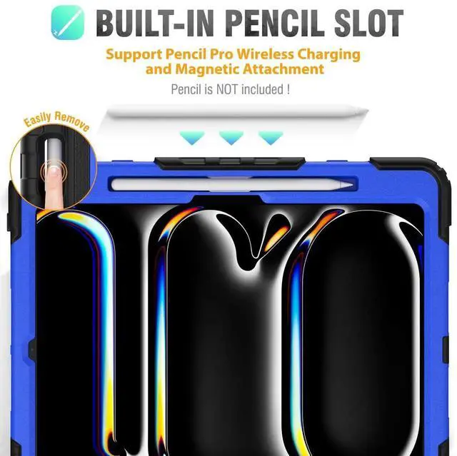 Alt view image 3 of 5 - HXCASEAC Case for Pro 13 Inch Case 2024 (M4), Shockproof Design with Pencil Holder/Screen Protector/Rotating Hand Strap, Protective Cover for Pro13 7th Gen (A2925, A2926, A3007) - Blue