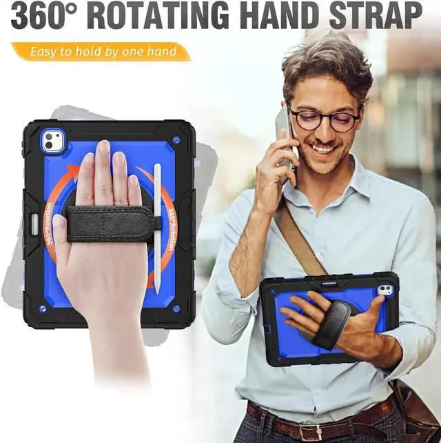 Alt view image 2 of 5 - HXCASEAC Case for Pro 13 Inch Case 2024 (M4), Shockproof Design with Pencil Holder/Screen Protector/Rotating Hand Strap, Protective Cover for Pro13 7th Gen (A2925, A2926, A3007) - Blue