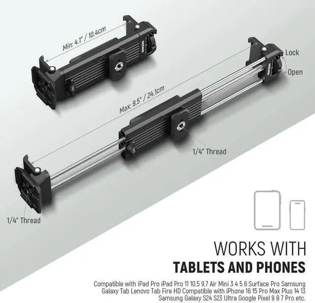 Alt view image 4 of 5 - NEEWER Tablet Metal Holder for iPad Tripod Mount Adapter with Cold Shoe, Arca Type Base, NATO Interface, 1/4" Screw for iPad mini Air Pro Surface Pro (7.9" to 12.9"), Universal Tablet Clamp, PA100