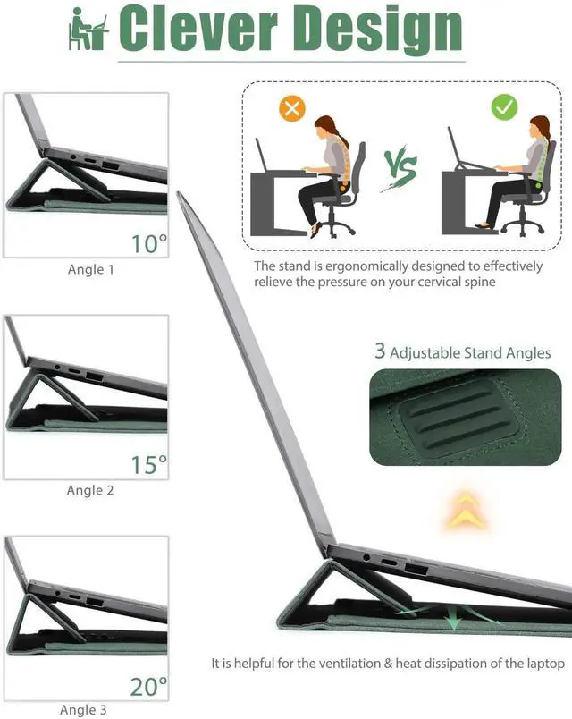 Alt view image 3 of 5 - HYZUO 15 Inch Laptop Sleeve with Adjustable Stand Feature for MacBook Air 15 M4 A3241 M3 A3114 M2 A2941 2025-2023, MacBook Pro 15, 15" Surface Laptop 7/6/5/4, with Carrying Pouch, Midnight Green