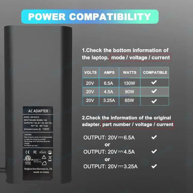 Alt view image 5 of 5 - 130W ETL USB Type C Laptop Charger Compatible with Dell XPS 15 17 9500 9510 9520 9530 9700 9710 9720 2in1,Precision 5550 5560 5530 5570 5470 5480 5760,Latitude 5431 5531 AC Adapter Computer Power Cord