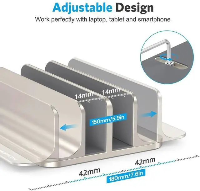 Alt view image 5 of 5 - OMOTON [Updated Dock Version Vertical Laptop Stand, Double Desktop Stand Holder with Adjustable Dock (Up to 17.3 inch), Fits All MacBook/Surface/Samsung/HP/Dell/Chrome Book (Starlight)