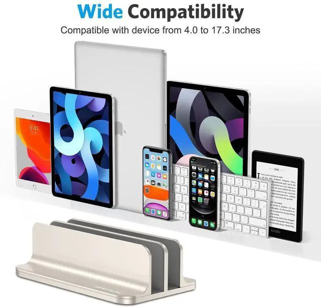 Alt view image 2 of 5 - OMOTON [Updated Dock Version Vertical Laptop Stand, Double Desktop Stand Holder with Adjustable Dock (Up to 17.3 inch), Fits All MacBook/Surface/Samsung/HP/Dell/Chrome Book (Starlight)