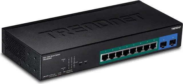 Main image of TRENDnet 10-Port Gigabit Web Smart PoE+ Switch, 8 x Gigabit PoE+ Ports, 2 x SFP Slots, Vlan, QoS, IPv6 Support, 20Gbps Switching Capacity, 75W PoE Power Budget, Lifetime Protection, Black, TPE-082WS