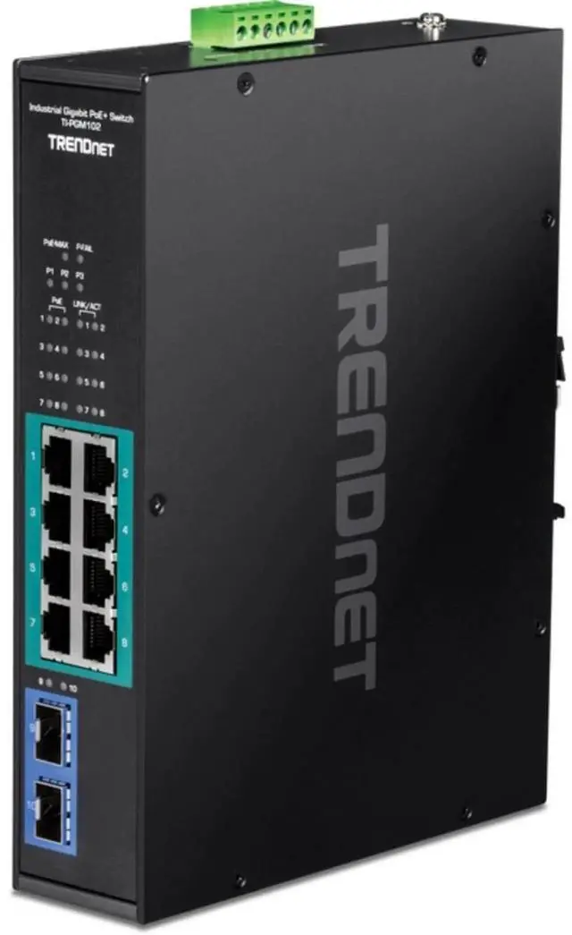 Main image of TRENDnet 10-Port Industrial Gigabit PoE+ Switch, WideTemperature Range -20° 65°C (-4° 149°F), DIN Rail Switch, 50-55V DC, 8 x Gigabit PoE+ Ports, 2 x Gigabit SFP Slots, TI-PGM102, Black