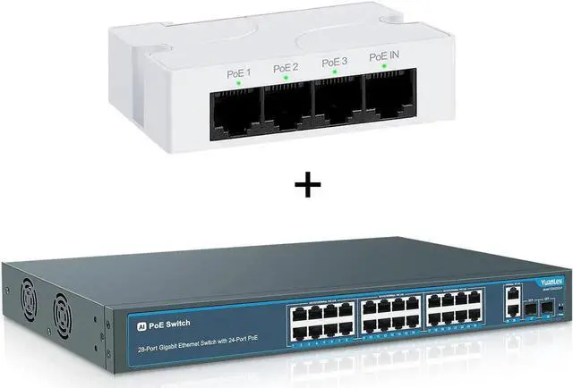 Main image of YuanLey 28 Port Gigabit Ethernet Switch with 24 Port PoE Bundle with 4 Port PoE Extender with 3 PoE Out, IEEE 802.3af/at Mini 4 Channel PoE Repeater and 400W Unmanaged PoE Switch