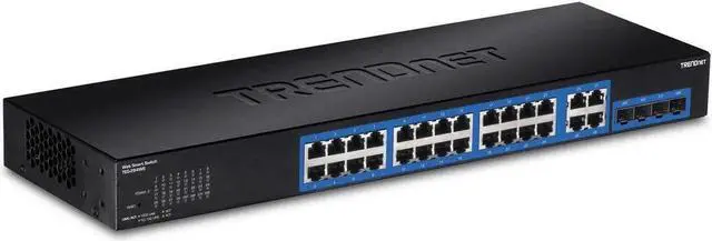 Main image of TRENDnet 28-Port Gigabit Web Smart Switch, 24 x Gigabit Ports, 4 x Shared Gigabit Ports (RJ-45/SFP), VLAN, QoS, LACP, IPv6, 56Gbps Switching Capacity, Lifetime Protection, TEG-284WS,Black