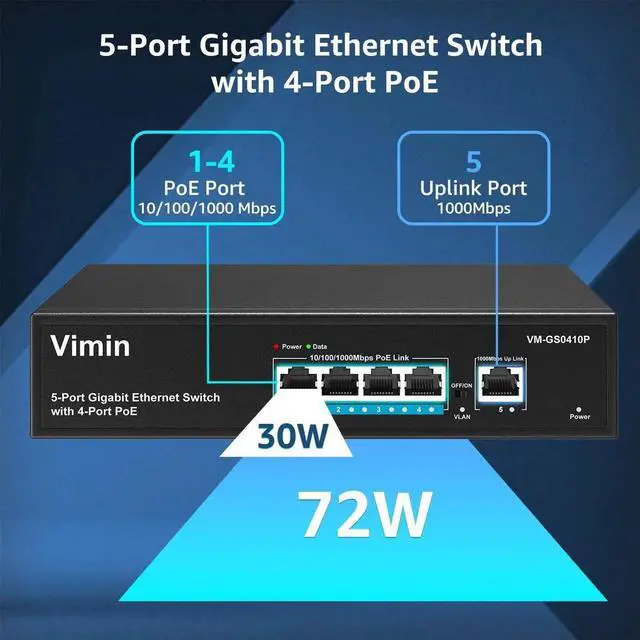 Alt view image 3 of 5 - VIMIN 4 Port Gigabit PoE Switch with 1 Uplink Port & 24 Port Gigabit PoE Switch with 2X Gigabit Uplink Port , Support IEEE802.3af/at, One-Key VLAN, Plug and Play, Metal Case