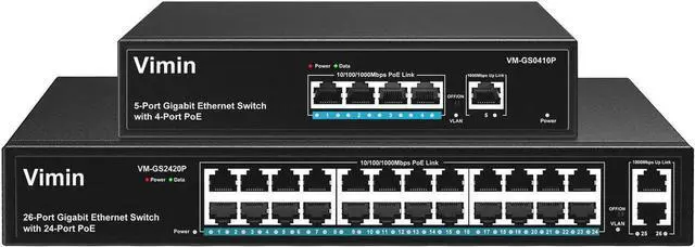 Main image of VIMIN 4 Port Gigabit PoE Switch with 1 Uplink Port & 24 Port Gigabit PoE Switch with 2X Gigabit Uplink Port , Support IEEE802.3af/at, One-Key VLAN, Plug and Play, Metal Case