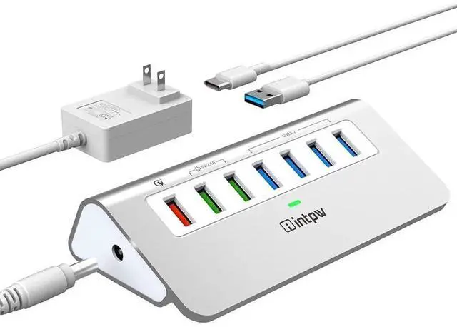 Alt view image 2 of 5 - intpw Powered USB Hub 10Gbps, Aluminum 7 Port USB 3.2 Data Hub with 4 USB 3.2 Gen 2 Ports, 3 Fast Charging Ports, 30W Power Adapter, Type A & C Cable for Mac, PC, Laptop