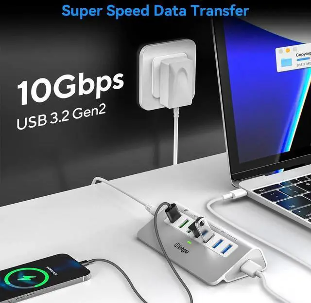 Alt view image 4 of 5 - intpw Powered USB Hub 10Gbps, Aluminum 7 Port USB 3.2 Data Hub with 4 USB 3.2 Gen 2 Ports, 3 Fast Charging Ports, 30W Power Adapter, Type A & C Cable for Mac, PC, Laptop