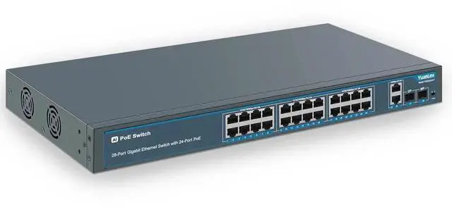 Main image of 24 Port Gigabit Ethernet PoE Switch with 2 Uplink Gigabit Port & 2 SFP Port, YuanLey Unmanaged 24 Port PoE+ Network Switch, Rackmout, Build in 400W Power, Support 802.3af/at, Plug and Play