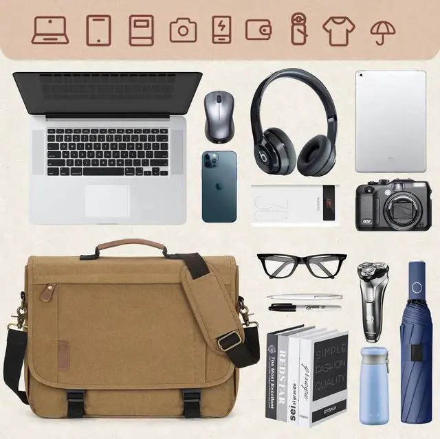 Alt view image 4 of 5 - RAINSMORE Messenger Bag for Men 17-17.3 Inch Laptop Bag Water-resistant Canvas Computer Shoulder Bag Office Work Briefcase Large Casual Satchel Bags for Men Bookbag for College, Khaki