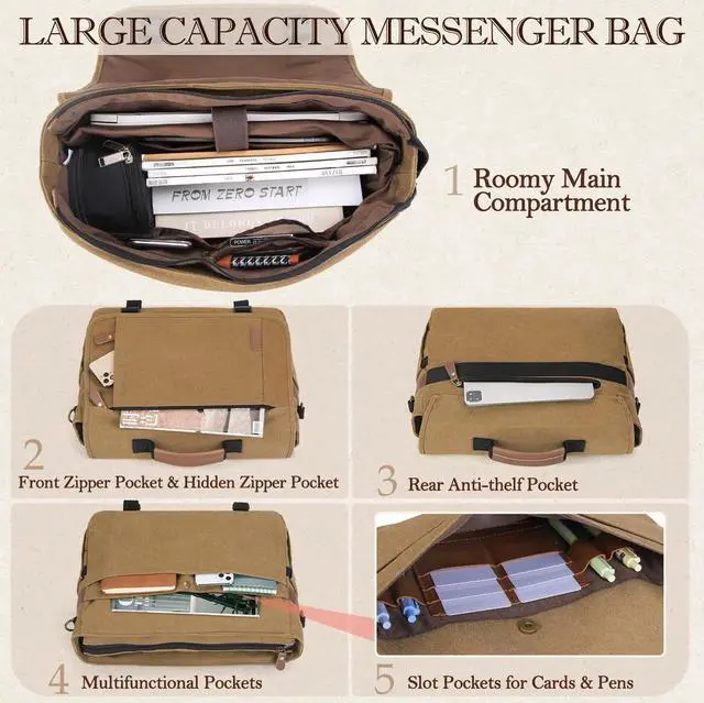 Alt view image 3 of 5 - RAINSMORE Messenger Bag for Men 17-17.3 Inch Laptop Bag Water-resistant Canvas Computer Shoulder Bag Office Work Briefcase Large Casual Satchel Bags for Men Bookbag for College, Khaki