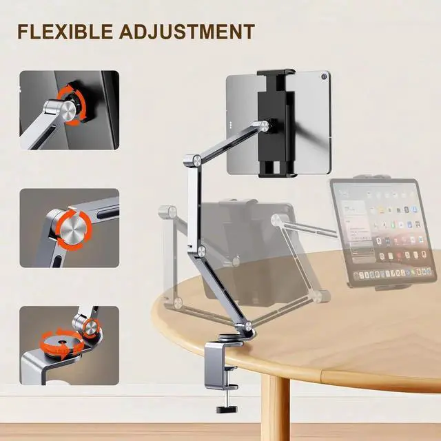 Alt view image 5 of 5 - Pisipi Tablet Stand Holder for Desk Aluminum Alloy Ipad Desk Mount Monitor with 360°Rotate Base, Adjustable&Foldable Tablet Arm for 4.7"-15.6" Screen Phone,Kindle,Fire HD,Monitor
