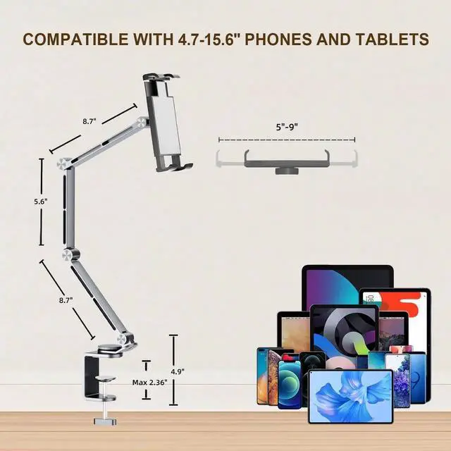 Alt view image 3 of 5 - Pisipi Tablet Stand Holder for Desk Aluminum Alloy Ipad Desk Mount Monitor with 360°Rotate Base, Adjustable&Foldable Tablet Arm for 4.7"-15.6" Screen Phone,Kindle,Fire HD,Monitor