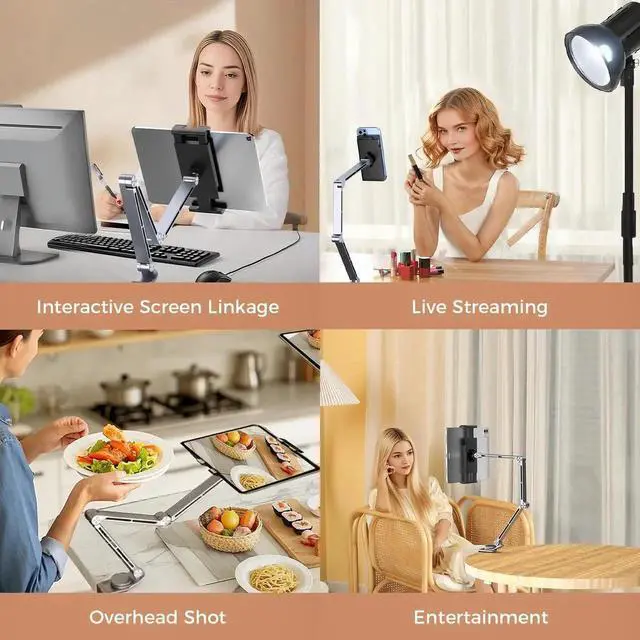 Alt view image 4 of 5 - Pisipi Tablet Stand Holder for Desk Aluminum Alloy Ipad Desk Mount Monitor with 360°Rotate Base, Adjustable&Foldable Tablet Arm for 4.7"-15.6" Screen Phone,Kindle,Fire HD,Monitor