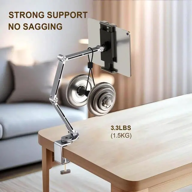 Alt view image 2 of 5 - Pisipi Tablet Stand Holder for Desk Aluminum Alloy Ipad Desk Mount Monitor with 360°Rotate Base, Adjustable&Foldable Tablet Arm for 4.7"-15.6" Screen Phone,Kindle,Fire HD,Monitor