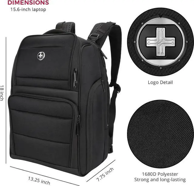 Alt view image 3 of 5 - Swissdigital Design Fits 15.6 inch Large Laptop Backpack for Men and Women, Computer Bag with USB Charging Port and Vibrating Massager for Business/Travel/Commute Daily, Black | SENSOR