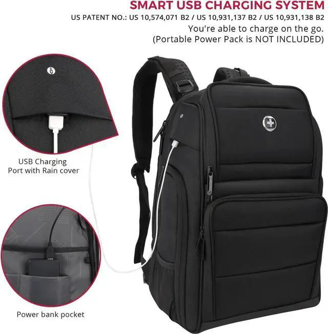 Alt view image 2 of 5 - Swissdigital Design Fits 15.6 inch Large Laptop Backpack for Men and Women, Computer Bag with USB Charging Port and Vibrating Massager for Business/Travel/Commute Daily, Black | SENSOR