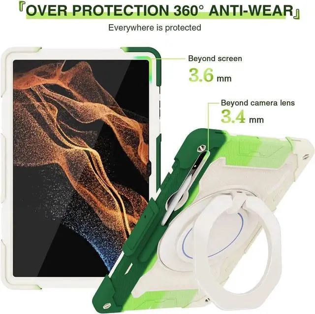 Alt view image 4 of 5 - Dteck Galaxy Tab S8 Ultra Case, Heavy Duty Rugged Military Grade Shockproof Case with S-Pen Holder & Kickstand, Rainbowgreen