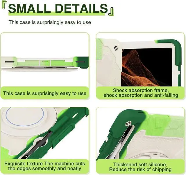 Alt view image 3 of 5 - Dteck Galaxy Tab S8 Ultra Case, Heavy Duty Rugged Military Grade Shockproof Case with S-Pen Holder & Kickstand, Rainbowgreen
