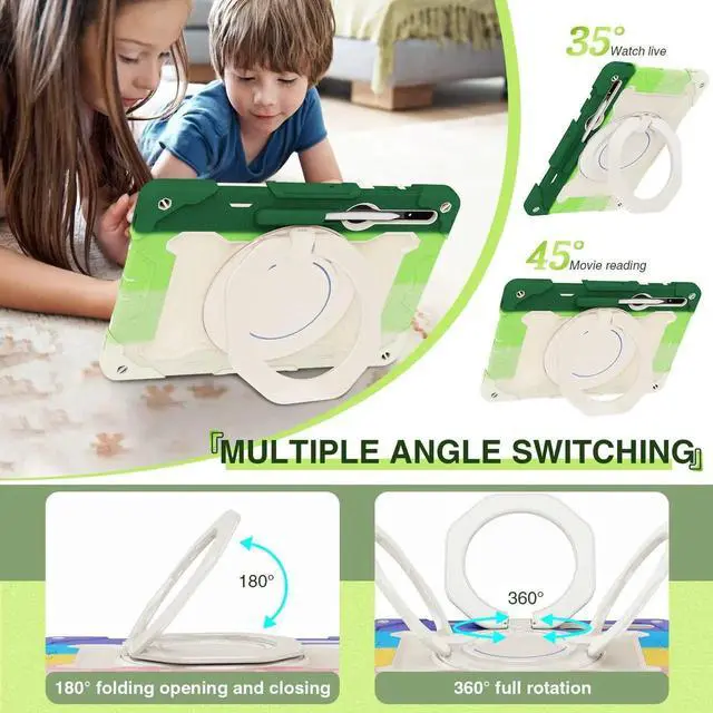 Alt view image 5 of 5 - Dteck Galaxy Tab S8 Ultra Case, Heavy Duty Rugged Military Grade Shockproof Case with S-Pen Holder & Kickstand, Rainbowgreen