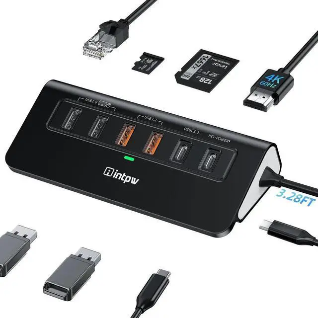 Main image of intpw USB C Hub Ethernet, 10Gbps Laptop Docking Station 10-in-1, 4K@60Hz HDMI, 3 USB C/A 3.2 Data, LAN, 2 USB A 2.0, PD 100W, SD/TF Ports, 3.28FT Powered USB Hub for Laptop, PC, iPhone 16/15, Mac