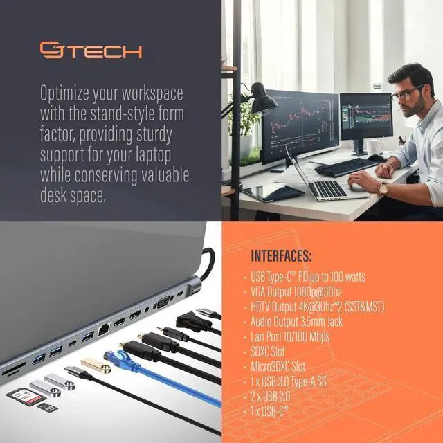 Alt view image 5 of 5 - CJ TECH 100W USB C Docking Station - 12-in-1 Laptop Hub with Dual HDMI, 2.0 & 3.0 Ports, SD & TF Card Slots, Audio, Ethernet, VGA - Multiport Adapter USB C Hub for Laptop and Monitor