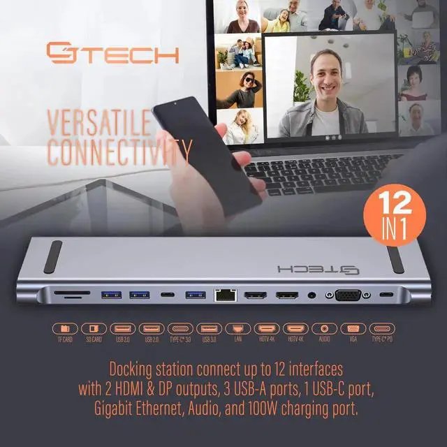 Alt view image 2 of 5 - CJ TECH 100W USB C Docking Station - 12-in-1 Laptop Hub with Dual HDMI, 2.0 & 3.0 Ports, SD & TF Card Slots, Audio, Ethernet, VGA - Multiport Adapter USB C Hub for Laptop and Monitor