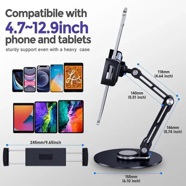 Alt view image 5 of 5 - Lucrave Tablet Stand Holder for iPad, Adjustable with 360 Rotating Base for Desk, Aluminum Swivel Tablet Stand Compatible with iPad Air, Mini, 10.2,9.7, Pro 11/13 and More, Black