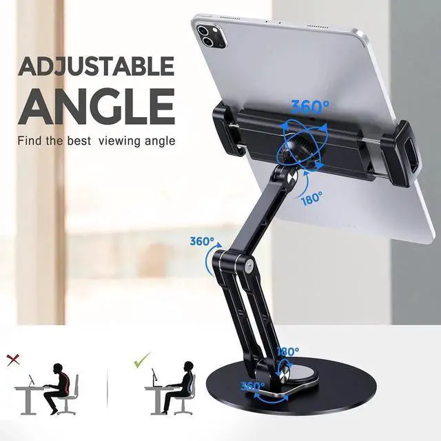 Alt view image 2 of 5 - Lucrave Tablet Stand Holder for iPad, Adjustable with 360 Rotating Base for Desk, Aluminum Swivel Tablet Stand Compatible with iPad Air, Mini, 10.2,9.7, Pro 11/13 and More, Black