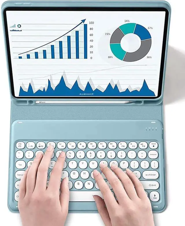 Alt view image 3 of 5 - AnMengXinLing Galaxy Tab S10 Plus/S9 Plus/S9 FE Plus/S8 Plus/S7 Plus/S7 FE 12.4inch Tablet Case with Keyboard, Round Key Cute Candy Detachable Wireless Keyboard Case with S Pen Holder, Teal