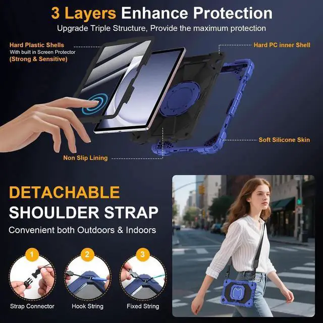 Alt view image 4 of 5 - Case for Samsung Galaxy Tab A9 Plus 11 Inch 2023, Ubearkk Rugged Case for Samsung Galaxy A9+ Tablet SM-X210/X216/X218 with Screen Protector 360 Rotating Stand Shoulder Strap Pen Holder, Navy Black