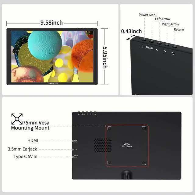 Alt view image 3 of 5 - ANDYCINE N10 10.1inch HDMI Screen 1920x1200 Portable Touchscreen Monitor with Build-in Speakers 75mm Vesa,Image Flip Portable Monitor Compatible for for Teleprompter, PC, Camera and Gaming Consoles