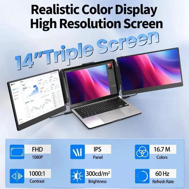 Alt view image 4 of 5 - LAWGLLAABT Laptop Screen Extender, 14 1080P Portable Triple Monitor for Laptop with FHD IPS Display, Extended Monitor Fits 13-17 Inch Laptops, Compatible with Windows/Mac/Android/Switch/PS5