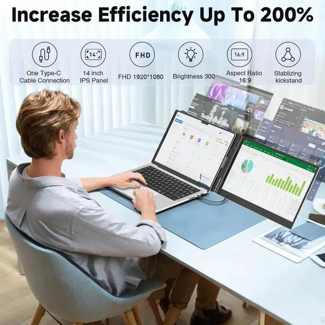 Alt view image 2 of 5 - KEFEYA Laptop Screen Extender, 14" FHD 1080P Portable Monitor for Laptops, 0.19" Ultra-Thin Laptop Monitor Extender for 13-17" with USB-C/HDMI Port, Plug n Play for Windows/Mac/Android/Switch/PS5