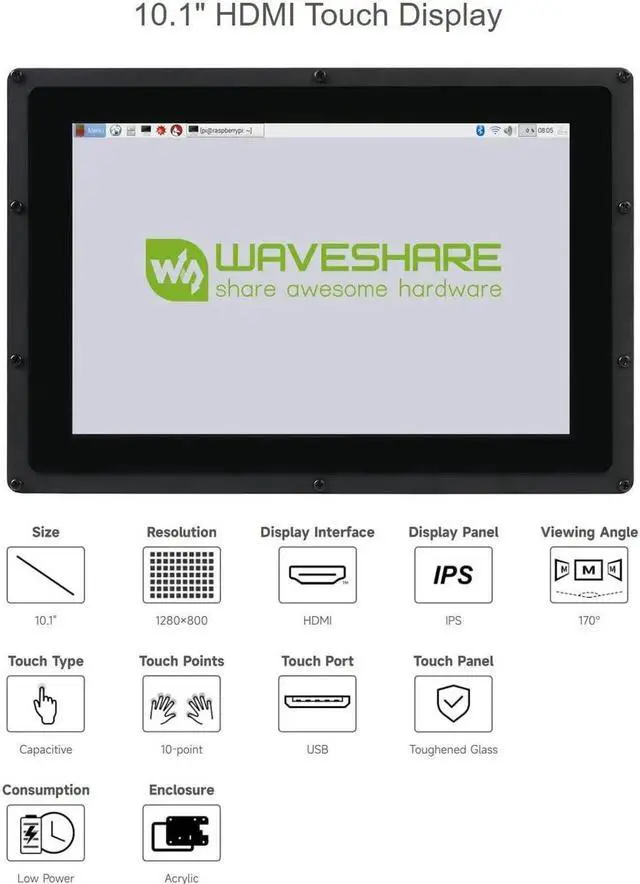 Alt view image 3 of 5 - waveshare 10.1inch Capacitive Touch Screen LCD Compatible with Raspberry Pi 5/4B/3B/Zero/Zero W/Zero 2W/Pico/Pico W/Pico WH, Comes with Case and Toughened Glass Cover 1280×800 Resolution HDMI IPS