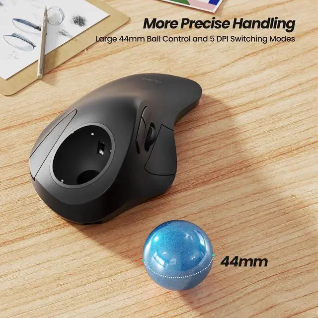 Alt view image 2 of 5 - Nulea Wireless Ergonomic Trackball Mouse, Rechargeable, Bluetooth Rollerball Mouse, 44mm Index Finger Trackball, 5 Adjustable DPI, Compatible with PC, Laptop, iPad, Mac, Windows, Android